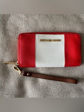 Michael Kors Red and White Zip Wristlet with Brown Strap